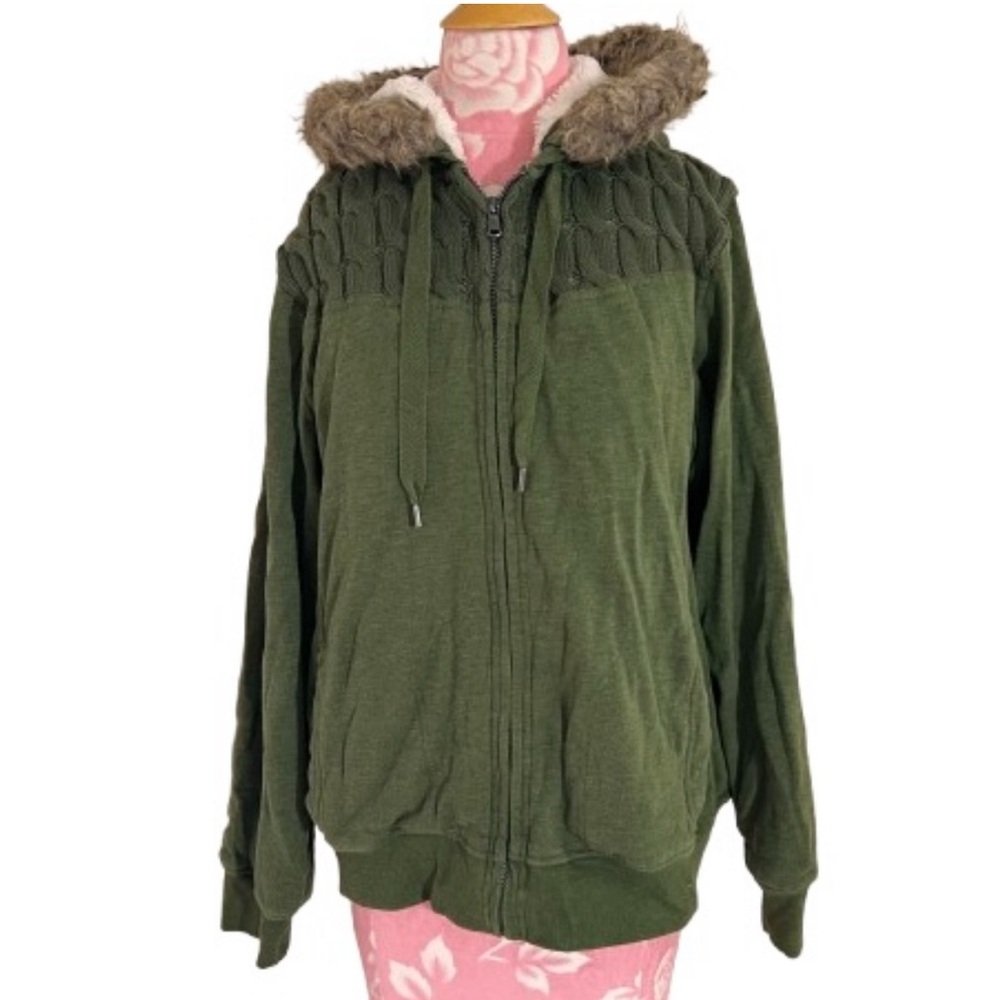 Women’s Green Tea XXL Olive Full Zip Hoodie Sweater Soft Faux Fur Lining Fleece